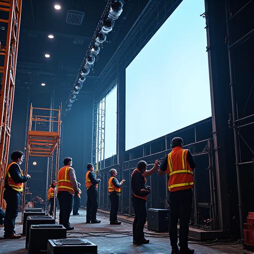 Techniciens installant un équipement audiovisuel sur un lieu d'événement.