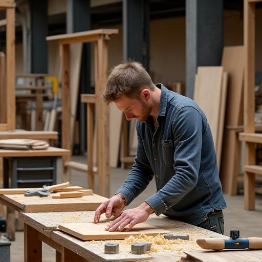 Artisan travaillant sur la structure d'un stand dans un atelier.