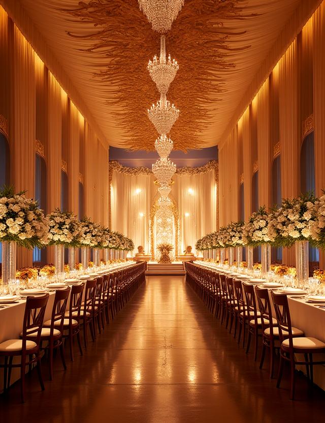 Salle de gala élégamment décorée pour un événement de luxe.