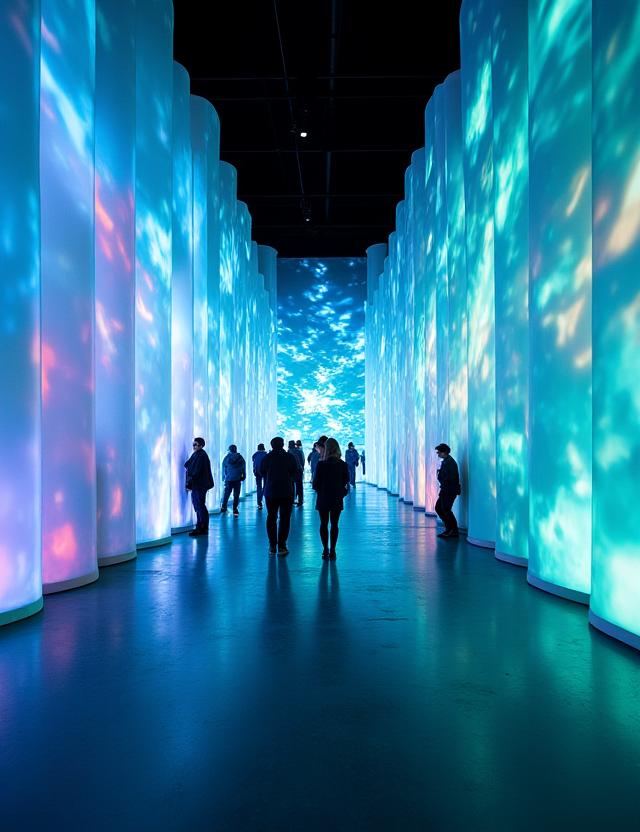 Installation artistique immersive avec des projections lumineuses interactives.