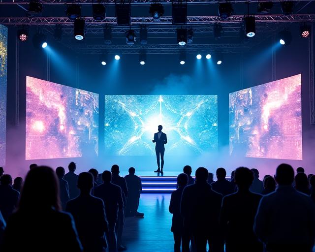 Scène de lancement de produit high-tech avec des écrans dynamiques.