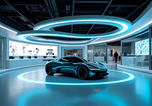 Stand automobile futuriste avec un concept car.