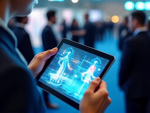 Utilisateur expérimentant la réalité augmentée sur une tablette lors d'un salon.